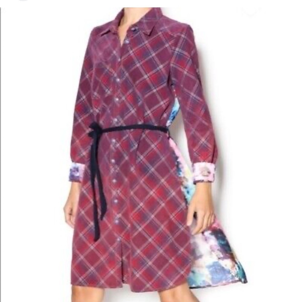 Anthropologie Aratta Silent Journey Plaid Corduroy Floral Dress Tunic Button S